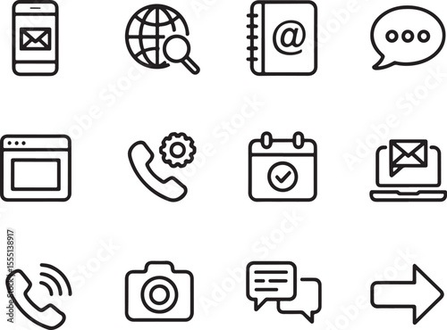 Collection of Line Art Communication Icons Depicting Email, Address Book, Globe, Calendar, Chat, Phone, Camera, Arrow and Settings