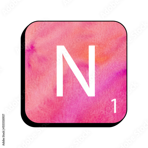 Artistic "N" Tile: A close-up view of a letter "N" on a square tile with a vibrant watercolor effect, representing a sense of creativity and artistic expression.