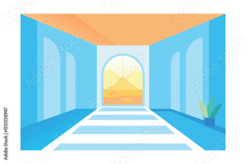 blue corridor with columns