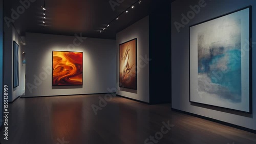 Modern art gallery with abstract paintings on display in dim lighting  