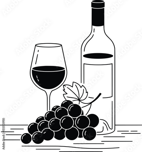 Wine Bottle and Glass Line Art with Grapes, Elegant Winery Vector Illustration.

