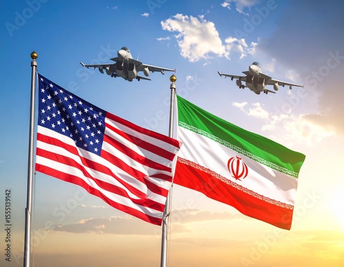 US and Iran Flags Waving with Fighter Jets in the Sky: International Relations and Geopolitics