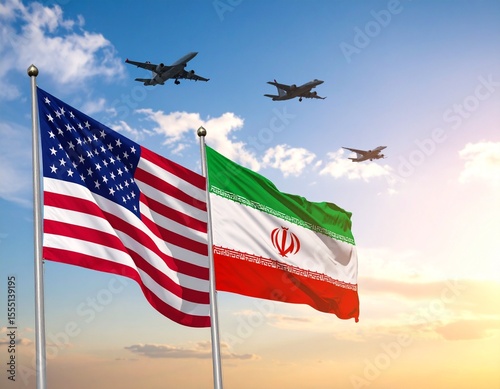 US and Iran Flags Waving with Fighter Jets in the Sky: International Relations and Geopolitics