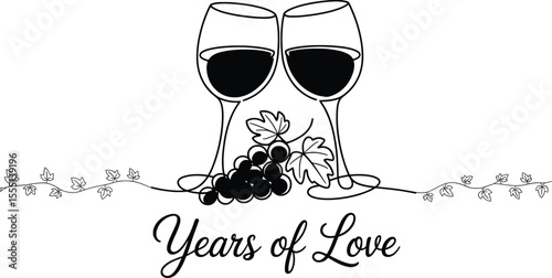 Wine Bottle and Glass Line Art with Grapes, Elegant Winery Vector Illustration.

