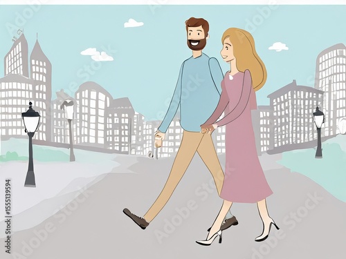 Happy couple holding hands and walking in the city