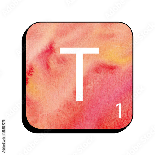Watercolor Letter Tile T: The letter T is displayed on a tile with a watercolor background, blending shades of coral, pink, and yellow.