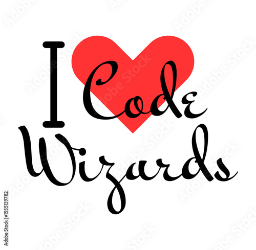 I love Code Wizards creative slogan. Hand drawn letters with red heart. Vector illustration, lettering in modern design