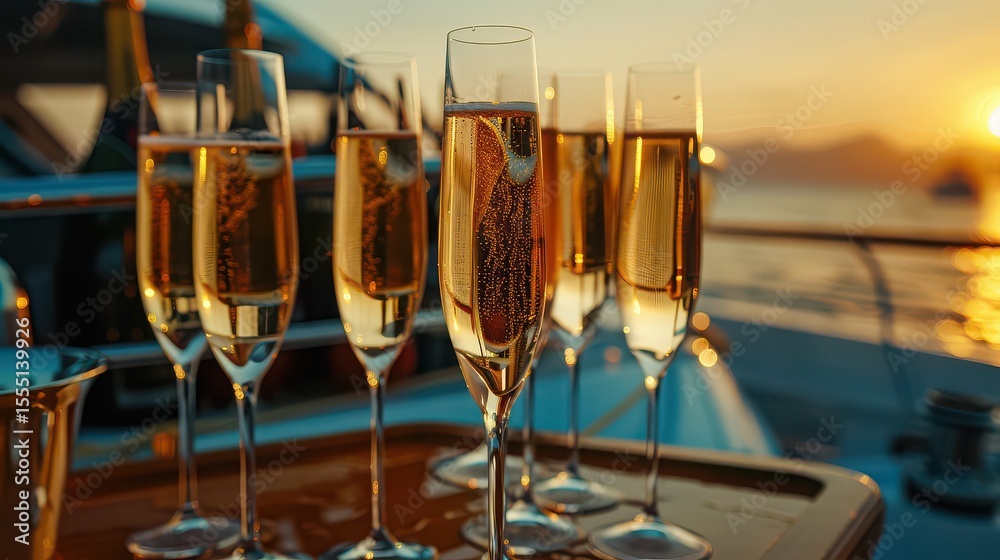 Obraz premium Close up of champagne flutes filled with bubbly on a yacht at sunset with a golden glow behind them