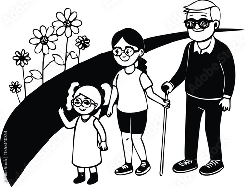 Grandfather Grandmother and Granddaughter Walking Together in a Park