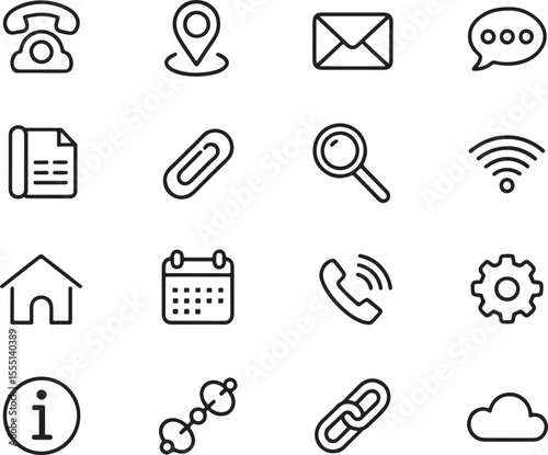 Clean and Minimalist Icon Set for User Interface Design Depicting Common Functionalities and Actions on a White Background