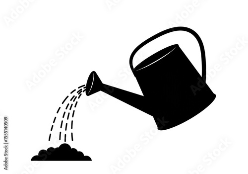Black silhouette of a watering can pouring water onto a small pile of soil on a white background image