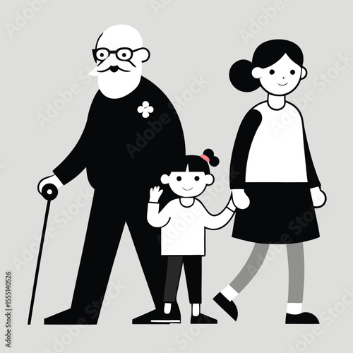 Grandfather Grandmother and Grandchild Walking Together Happy Family Illustration