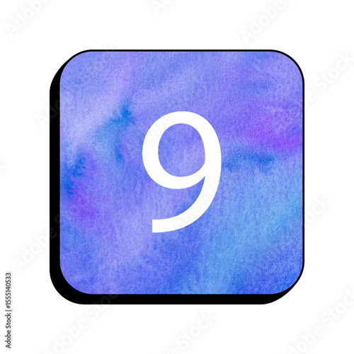 Digit Nine in Watercolor: A vibrant digital depiction showcases the number 9 in a stylish font, placed within a textured, square watercolor effect, using a mix of cool blue and purple shades.