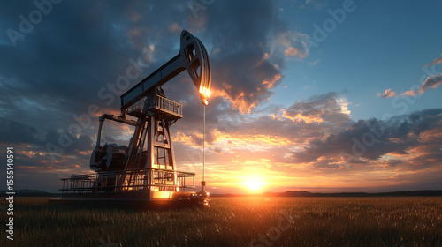 Oil pumpjack sunset field energy market impact sky clouds silhouette industry machinery power fuel landscape horizon nature environment production extraction technology equipment rural agriculture photo