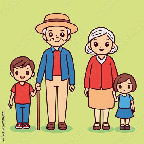 Happy Grandparents with Grandchildren Cartoon Illustration