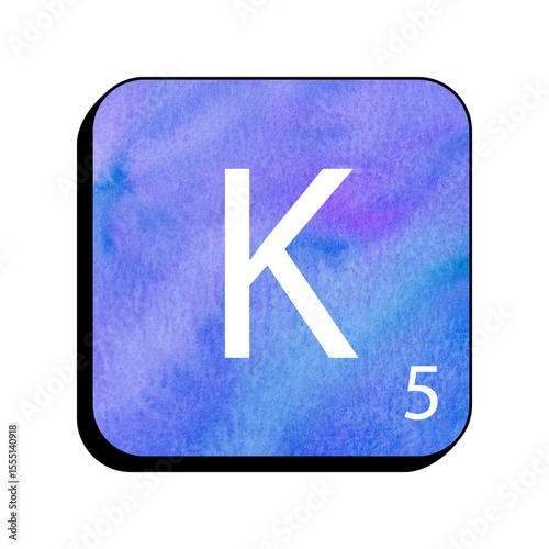 Scrabble Tile K: Watercolor-styled Scrabble tile featuring the letter K with a value of 5, set against a soft blue and purple watercolor wash.