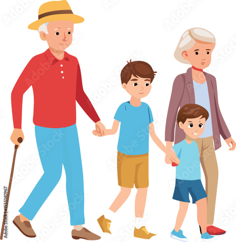 Happy Grandparents Walking with Grandchildren Holding Hands Family Time Together