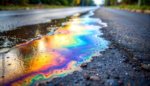 Oil Spill Rainbow: A striking, macro view of oil sheen on asphalt. The oil's colors beautifully reflect sunlight, creating a vibrant rainbow effect that highlights the textures and patterns.