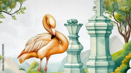 Mysterious flamingos on a chessboard in Wonderland from Carroll's fairy tale