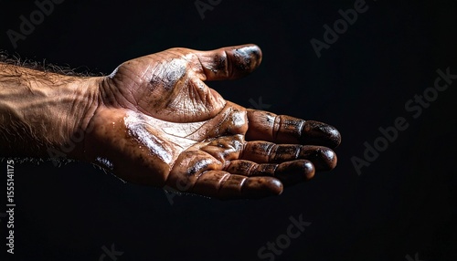 Hardworking Hand: An outstretched hand, stained with oil and grime, reflects the dedication and perseverance of skilled labor against a black backdrop.