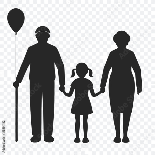 Grandparents walking with granddaughter holding hands balloon cane family silhouette