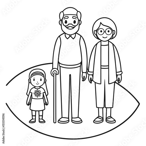Happy Grandparents with Grandchild Line Art Illustration