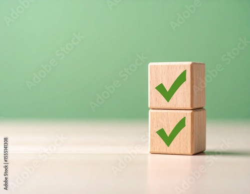 Wooden Blocks with Green Checkmarks: Success, Completion & Approval