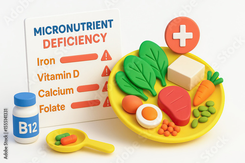 Micronutrient deficiency concept with vitamin B12 supplement healthy food plate including spinach carrot egg meat and tofu emphasizing iron vitamin D calcium and folate needs