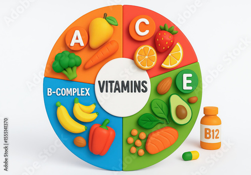 Vitamins chart with colorful sections showing fruits, vegetables, nuts, and supplements representing vitamins A, B complex, C, and E for healthy nutrition and wellness