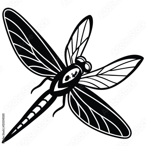 Black and white illustration of a dragonfly in flight, a striking minimalist design
