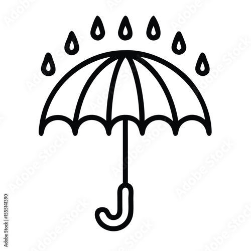 A clean and elegant line drawing of an umbrella surrounded by simple raindrops. Ideal for minimalist themes and rainy season icons.