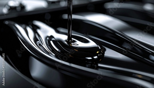 Viscous Flow: Dark liquid gracefully pours into a meticulously crafted, metallic surface, showcasing fluid dynamics and material properties with a striking, high-contrast aesthetic.
