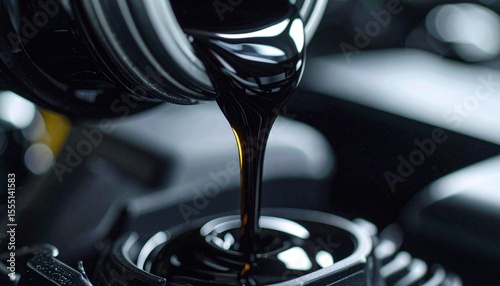 Pouring Engine Oil: A close-up view of fresh, viscous engine oil being poured into a vehicle's engine, highlighting the process of maintenance and care
