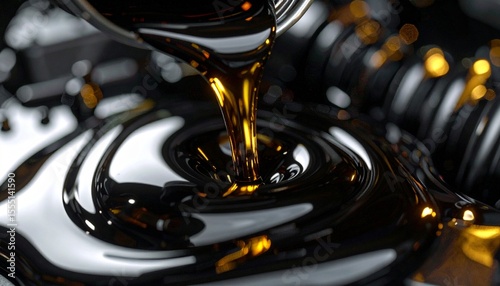 Oil Pour: Close-up of oil pouring creating intricate patterns with a dark backdrop, highlighting the liquid's texture and reflecting a play of light.