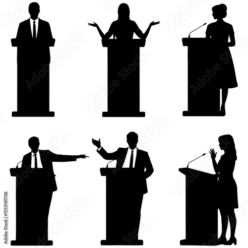 Silhouettes of speakers at the podiums