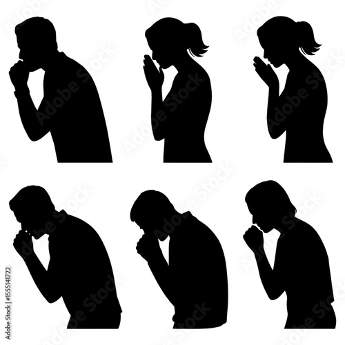 Silhouettes of people coughing or praying