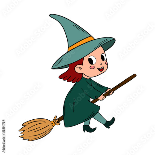 Magical day cute Halloween little witch with magical hat and broomstick. Happy and smiling funny witch. Line art element collection	