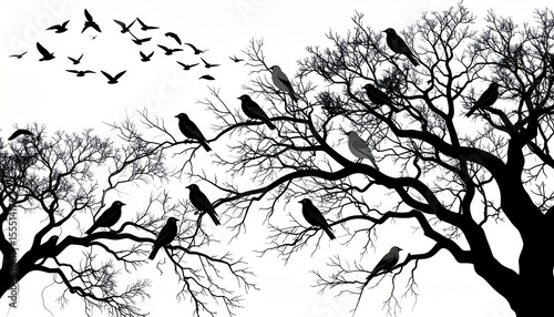 Birds perching and flying over bare trees silhouette