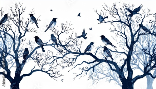 Birds sitting and flying around bare branches of a tree in winter