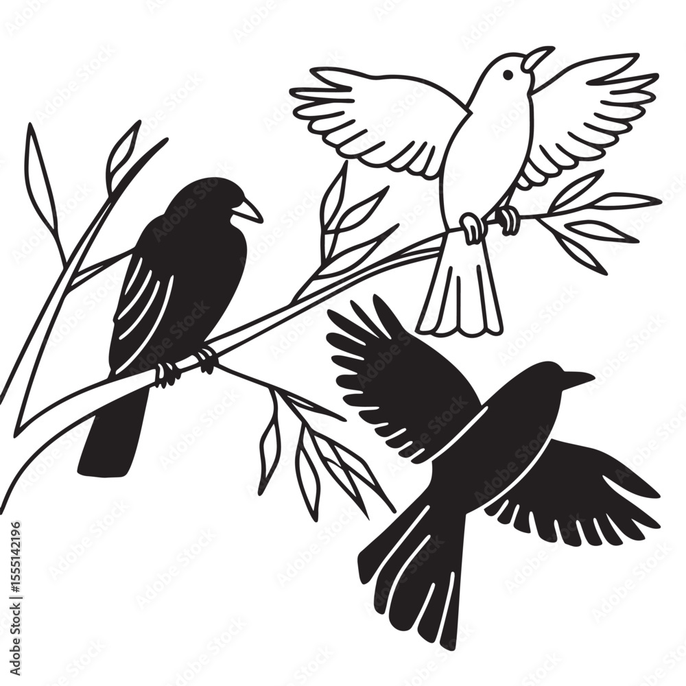 Obraz premium Set of One Line Bird Art – Flying and Perched Birds