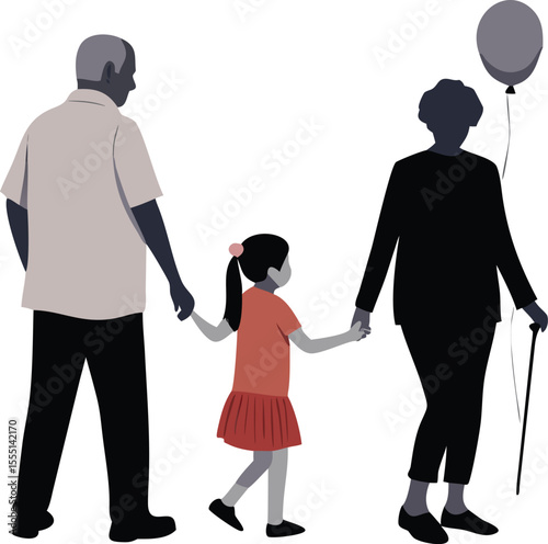 Grandparents walking with granddaughter holding hands balloon