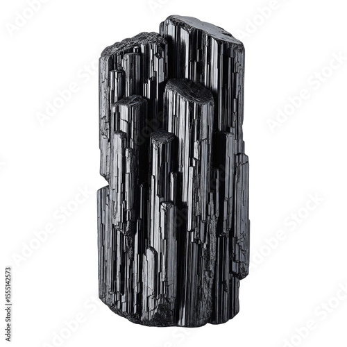 Foto Raw black tourmaline crystal with striations on transparent background