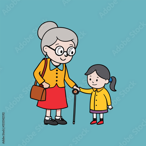 Grandmother and Granddaughter Walking Together Holding Hands Cartoon Illustration