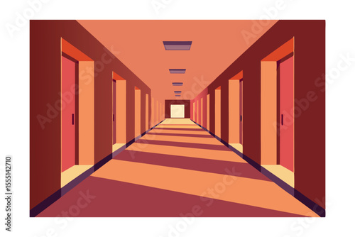 red corridor with columns and doors