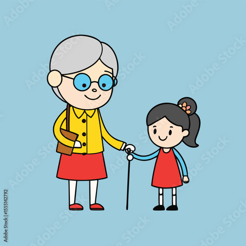 Grandmother and Granddaughter Walking Together Holding Hands Cartoon Illustration