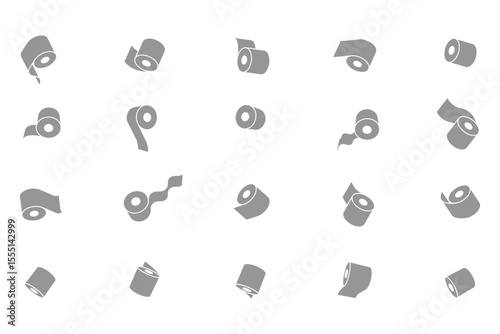 Collection of 20 minimalist grey toilet paper roll icons. Versatile design suitable for websites, apps, or infographics needing a clean, modern aesthetic.