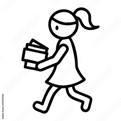 Thin line drawing of a schoolgirl walking in rain with books. Represents determination and everyday life.