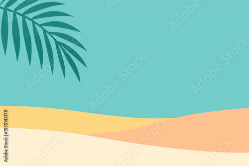 Vibrant landscape with soft pastel colors and tropical palm leaves under a clear blue sky
