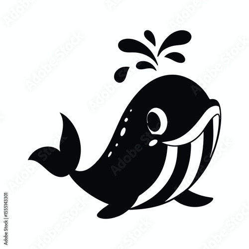 Black cartoon whale spouting water on white background
