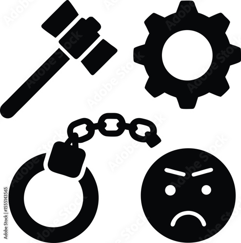 Black icons hammer handcuffs gear and sad face cogwheel